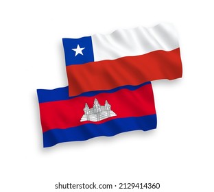 National vector fabric wave flags of Kingdom of Cambodia and Chile isolated on white background. 1 to 2 proportion.