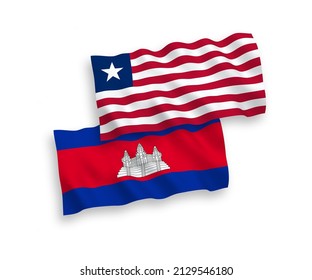 National vector fabric wave flags of Kingdom of Cambodia and Liberia isolated on white background. 1 to 2 proportion.