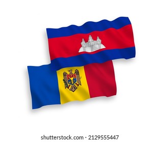 Banderas de olas de tela vectorial nacional del Reino de Camboya y Moldova aisladas en fondo blanco. de 1 a 2.
