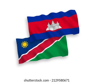 National vector fabric wave flags of Kingdom of Cambodia and Republic of Namibia isolated on white background. 1 to 2 proportion.