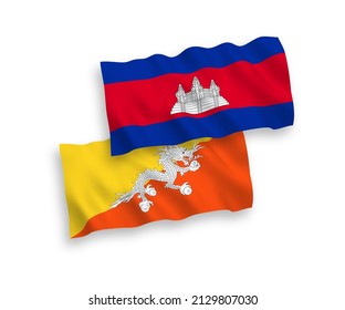 National vector fabric wave flags of Kingdom of Cambodia and Kingdom of Bhutan isolated on white background. 1 to 2 proportion.