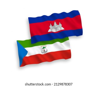 National vector fabric wave flags of Kingdom of Cambodia and Republic of Equatorial Guinea isolated on white background. 1 to 2 proportion.