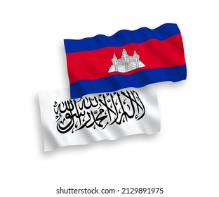 Nationale Vektor-Wellen-Flaggen des Königreichs Kambodscha und des Islamischen Emirats Afghanistans einzeln auf weißem Hintergrund. 1 bis 2 %.