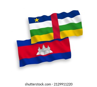 National vector fabric wave flags of Kingdom of Cambodia and Central African Republic isolated on white background. 1 to 2 proportion.