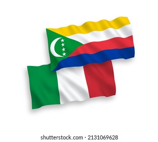 National vector fabric wave flags of Italy and Union of the Comoros isolated on white background. 1 to 2 proportion.