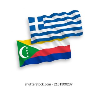 National vector fabric wave flags of Greece and Union of the Comoros isolated on white background. 1 to 2 proportion.