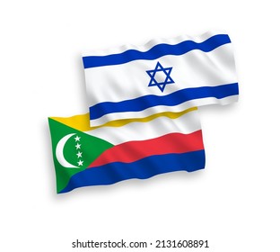 National vector fabric wave flags of Union of the Comoros and Israel isolated on white background. 1 to 2 proportion.