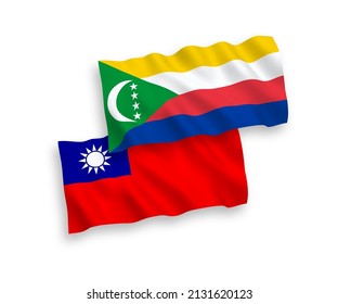 Banderas de olas de tela vectorial nacional de la Unión de las Comoras y Taiwán aisladas sobre fondo blanco. de 1 a 2.