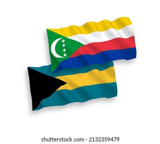 Banderas de olas de tela vectorial nacional de la Unión de las Comoras y el Commonwealth de las Bahamas aisladas en fondo blanco. de 1 a 2.