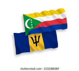 Banderas de olas de tela vectorial nacional de la Unión de las Comoras y Barbados aisladas en fondo blanco. de 1 a 2.