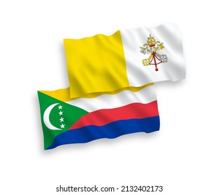 Banderas de olas de tela vectorial nacional de la Unión de las Comoras y el Vaticano aisladas en fondo blanco. de 1 a 2.