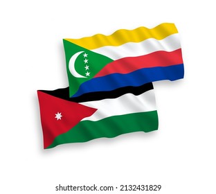 Banderas de olas de tela vectorial nacional de la Unión de las Comoras y el Reino Hachemita de Jordania aisladas en fondo blanco. de 1 a 2.