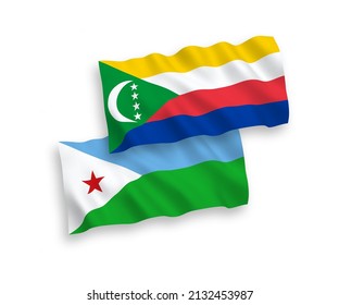 National vector fabric wave flags of Union of the Comoros and Republic of Djibouti isolated on white background. 1 to 2 proportion.