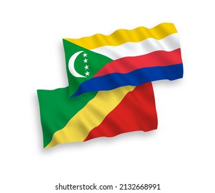 Banderas de olas de tela vectorial nacional de la Unión de las Comoras y la República del Congo aisladas en fondo blanco. de 1 a 2.