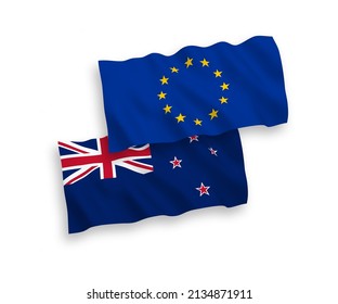 National vector fabric wave flags of European Union and New Zealand isolated on white background. 1 to 2 proportion.