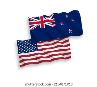 National vector fabric wave flags of New Zealand and USA isolated on white background. 1 to 2 proportion.