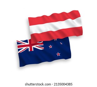 National vector fabric wave flags of Austria and New Zealand isolated on white background. 1 to 2 proportion.
