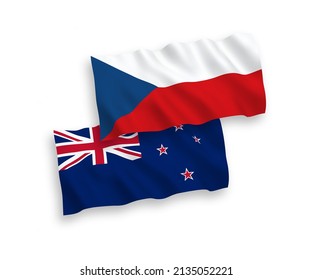 National vector fabric wave flags of Czech Republic and New Zealand isolated on white background. 1 to 2 proportion.