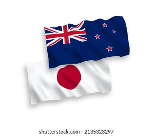 National vector fabric wave flags of Japan and New Zealand isolated on white background. 1 to 2 proportion.
