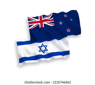 National vector fabric wave flags of New Zealand and Israel isolated on white background. 1 to 2 proportion.