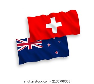 Banderas de olas de tela vectorial nacional de Nueva Zelanda y Suiza aisladas en fondo blanco. de 1 a 2.