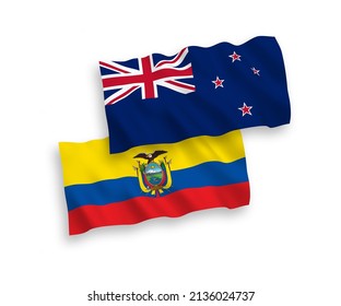 National vector fabric wave flags of New Zealand and Ecuador isolated on white background. 1 to 2 proportion.