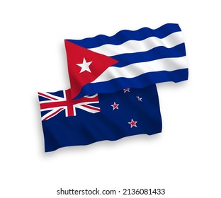 National vector fabric wave flags of New Zealand and Cuba isolated on white background. 1 to 2 proportion.