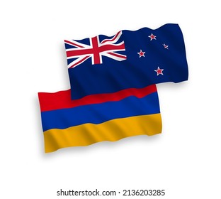 Banderas de olas de tela vectorial nacional de Nueva Zelanda y Armenia aisladas en fondo blanco. de 1 a 2.