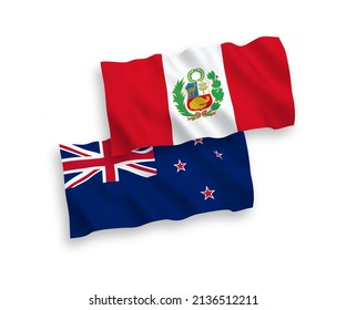 Banderas de ondulación de tela vectorial nacional de Nueva Zelanda y Perú aisladas en fondo blanco. de 1 a 2.