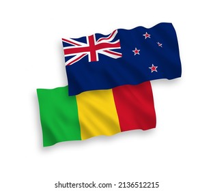 National vector fabric wave flags of New Zealand and Mali isolated on white background. 1 to 2 proportion.