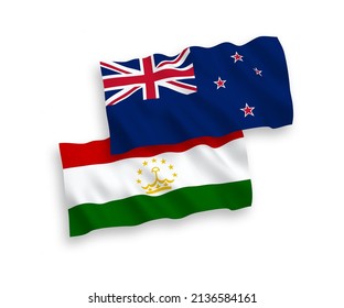 National vector fabric wave flags of New Zealand and Tajikistan isolated on white background. 1 to 2 proportion.
