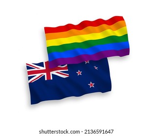 National vector fabric wave flags of New Zealand and Rainbow gay pride isolated on white background. 1 to 2 proportion.