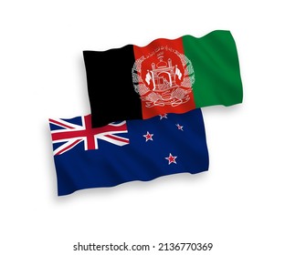 National vector fabric wave flags of New Zealand and Islamic Republic of Afghanistan isolated on white background. 1 to 2 proportion.