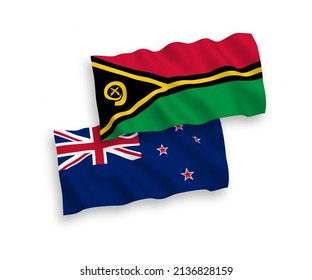 National vector fabric wave flags of New Zealand and Republic of Vanuatu isolated on white background. 1 to 2 proportion.