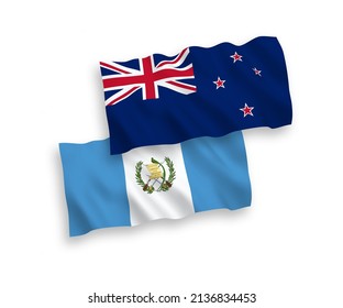 National vector fabric wave flags of New Zealand and Republic of Guatemala isolated on white background. 1 to 2 proportion.