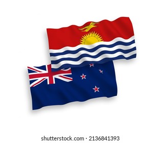 National vector fabric wave flags of New Zealand and Republic of Kiribati isolated on white background. 1 to 2 proportion.