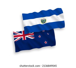 National vector fabric wave flags of New Zealand and Republic of El Salvador isolated on white background. 1 to 2 proportion.