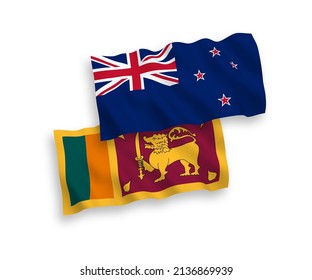 National vector fabric wave flags of New Zealand and Democratic Socialist Republic of Sri Lanka isolated on white background. 1 to 2 proportion.