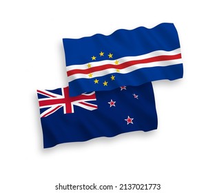 National vector fabric wave flags of New Zealand and Republic of Cabo Verde isolated on white background. 1 to 2 proportion.