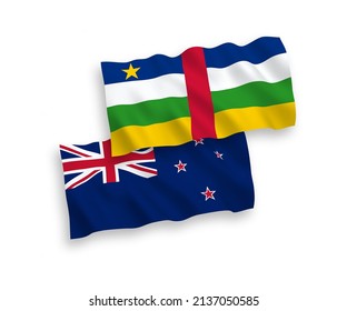 National vector fabric wave flags of New Zealand and Central African Republic isolated on white background. 1 to 2 proportion.