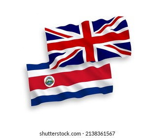 National vector fabric wave flags of Great Britain and Republic of Costa Rica isolated on white background. 1 to 2 proportion.