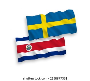 National vector fabric wave flags of Sweden and Republic of Costa Rica isolated on white background. 1 to 2 proportion.
