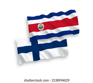 National vector fabric wave flags of Finland and Republic of Costa Rica isolated on white background. 1 to 2 proportion.