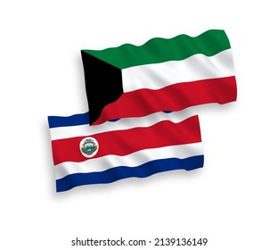 National vector fabric wave flags of Republic of Costa Rica and Kuwait isolated on white background. 1 to 2 proportion.