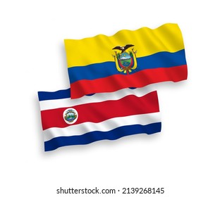 National vector fabric wave flags of Republic of Costa Rica and Ecuador isolated on white background. 1 to 2 proportion.