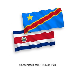 National vector fabric wave flags of Republic of Costa Rica and Democratic Republic of the Congo isolated on white background. 1 to 2 proportion.