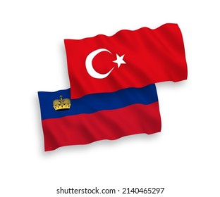 Banderas de olas de tela vectorial nacionales de Turquía y Liechtenstein aisladas en fondo blanco. de 1 a 2.