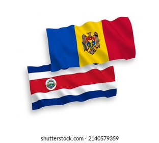 National vector fabric wave flags of Republic of Costa Rica and Moldova isolated on white background. 1 to 2 proportion.