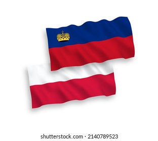 National vector fabric wave flags of Liechtenstein and Poland isolated on white background. 1 to 2 proportion.