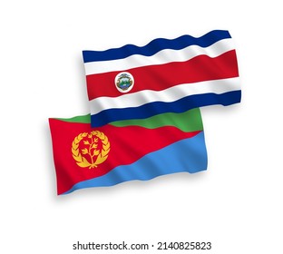 National vector fabric wave flags of Republic of Costa Rica and Eritrea isolated on white background. 1 to 2 proportion.